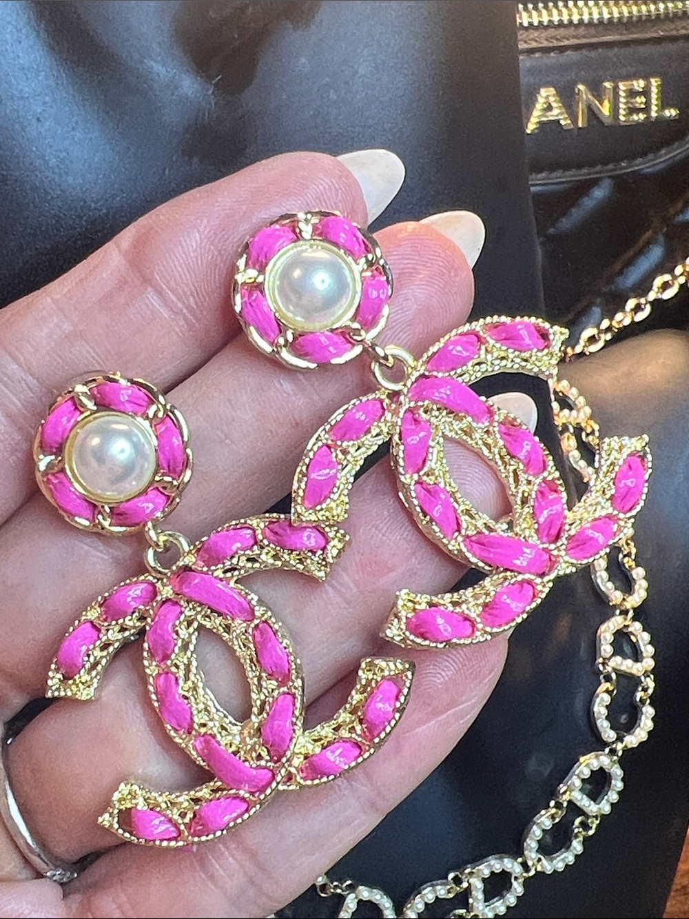 Gold-Tone Pink Pearl Drop Double-C Logo Earrings